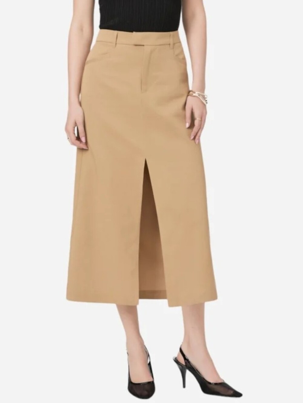 PAIGE Maureen Tencel Cotton Blend Trouser Midi Skirt - Sandstone